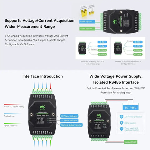 Rock Solid 8 Channel Analog Data Acquisition Module With 12-Bit Precision For Voltage And Current Sensing, 0 To 10V Range, Wide 7 To 36V DC Power, RS485 Cascadable, 8 Channel Voltage Mode, Onboard Regulator And Isolation diagram and features.