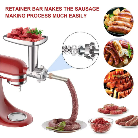 Metal Meat Grinder Attachment For KitchenAid Stand Mixers With Four Grinding Plates Three Sausage Stuffer Tubes Two Grinding Blades Food Grinder Attachment For Home Use And For Sausages Burgers Meatballs And Salsas, shown attached, grinding sausage