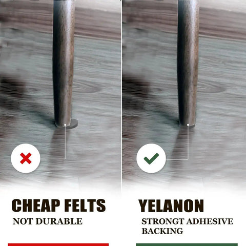 Comparison of non-slip furniture pads, showing weak adhesive versus strong adhesive backing on hardwood floors.