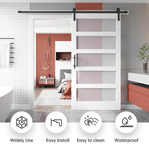 Glass Barn Door 42 By 84 Inches With 7 Feet Sliding Hardware Kit And Handle Solid Wood Core Covered In Waterproof PVC Surface 5 Panel Frosted Glass installed in modern bathroom.