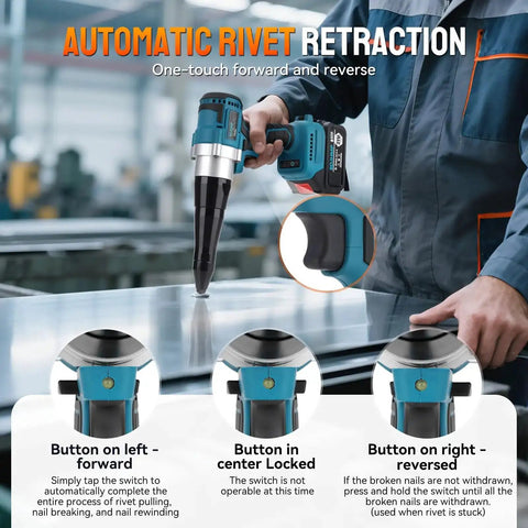 Person using Portable Cordless Brushless Rivet Gun With Automatic Operation, Heavy Duty Electric Riveter Kit in a workshop