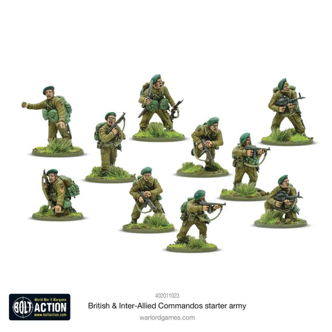 Bolt Action World War II British And Inter Allied Commandos Starter Army 1 to 56 scale 28mm soldiers on grassy bases.