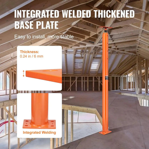 Heavy Duty Telescoping Floor Jack, Adjustable 54 To 150 In, 11200 Lbs, installed in construction site with base plate.