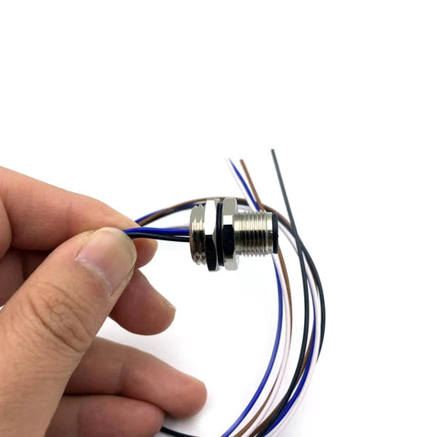 Close-up of a Five Pack M12 4 Pin A Code Male Connector Cable For IP67 Back Mount showing cable wires and aviation socket.