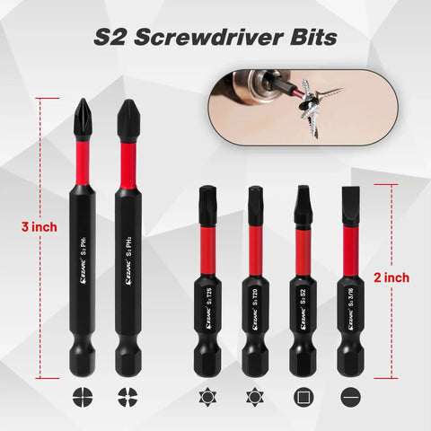S2 screwdriver bits in various sizes, shown in close-up for Self Centering Drill Bit Set 14 Piece For Cabinet Hinges And Woodworking.