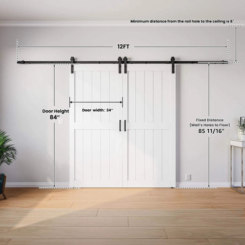 White Barn Door 68 By 84 Inches With Double 34 By 84 Panels Dope Sliding Hardware Kit Twelve Feet Front Mounted Handle Installed