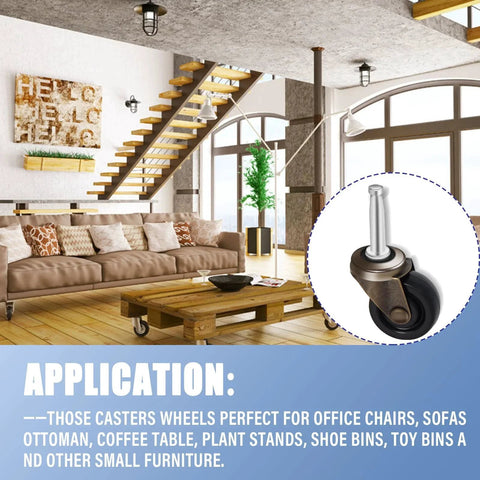 Antique style furniture casters set of four with one and five eighths inch stem and three quarter inch socket in living room application