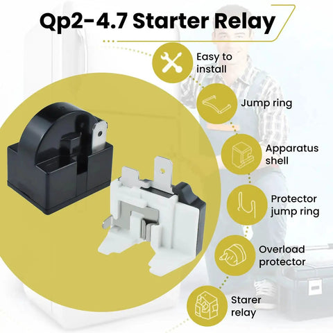 QP2-4r7 Refrigerator Starter Relay and Overload Protector Kit with components labeled, for mini fridge upgrade efficiency.