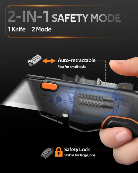 Two In One Retractable Box Cutter With Safety Lock For Home And Warehouse showing retractable blade and safety lock mechanism.
