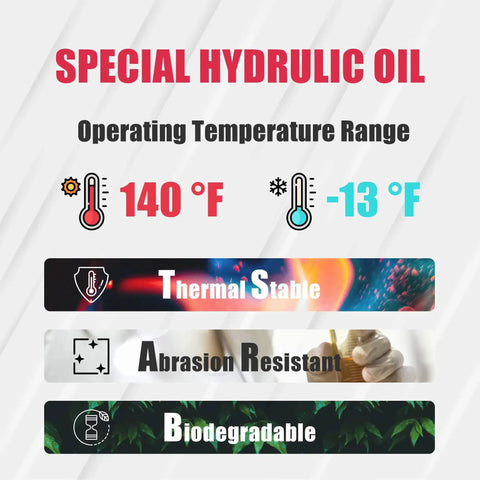 Special hydraulic oil infographic showing temperature range 140°F to -13°F, thermal stability, abrasion resistance, and biodegradability.