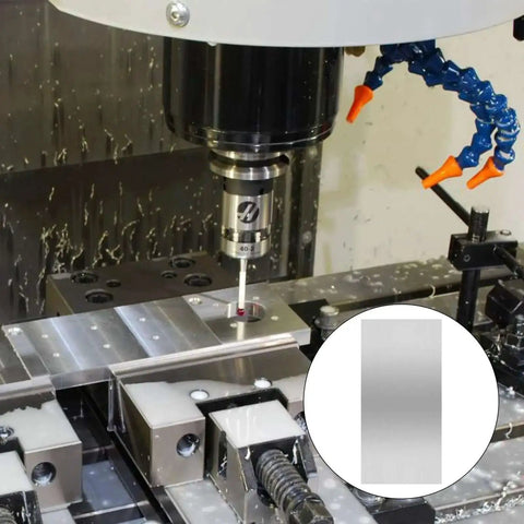 6061 T651 Aluminum Sheet Metal 6 By 12 By 1/16 Inch Flat Plate in industrial milling machine with inset showing smooth surface