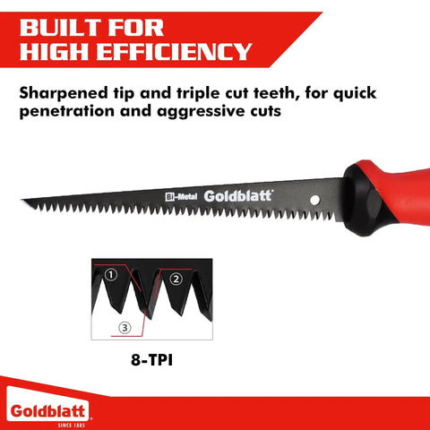 Side view of Six Inch Drywall Saw With Bi Metal Blade And Soft Grip Handle For Fast Cutting Of Wallboard And Sheetrock Keyhole Jab Saw With Eight TPI Teeth And Ergonomic Slip Resistant Grip For Smooth Clean Cuts.