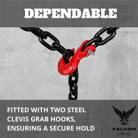Heavy Duty One Half Inch By Twenty Foot Grade Eighty Transport Binder Chain With Twelve Thousand Lbs WLL And Forty Eight Thousand Lbs Break Strength, Clevis Grab Hooks