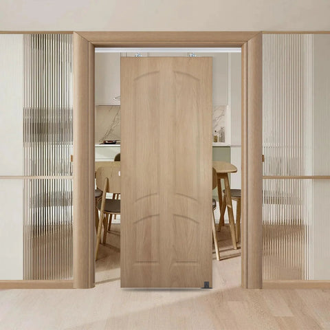 60Inch Sliding Pocket Door Hardware Kit With Aluminum Track And Soft Close Rail installed in wooden doorway