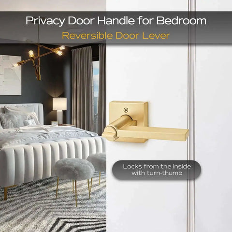 2 Pack Heavy Duty Keyless Privacy Door Handles Satin Brass Finish for Interior Bedroom and Bathroom Doors with Thumb Turn Lock