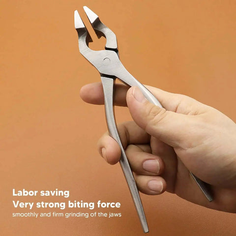 Hand holding Leather Craft Flattening Pliers Stainless Steel Flat Pliers For Wallets Handbags And Belts Trim Leather Edges Like A Pro
