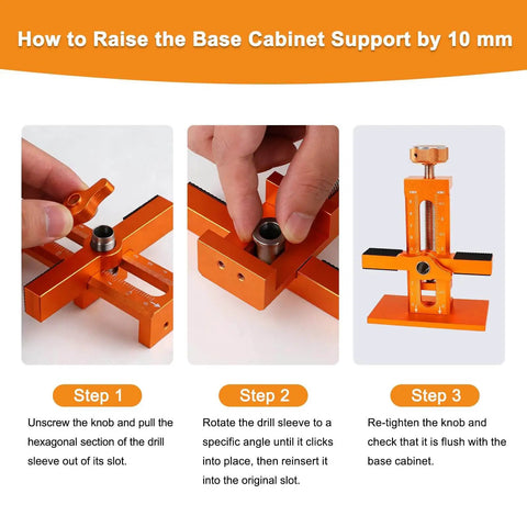 3-In-1 Cabinet Door Mounting Jig With Adjustable Positioner, Base, And Three Drill Bits steps for hinge installation