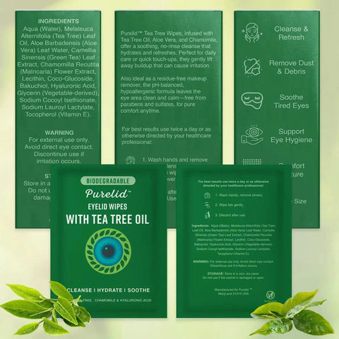 Tea Tree Eyelid Wipes With Hyaluronic Acid Chamomile Aloe Individually Wrapped packaging and ingredient details displayed.