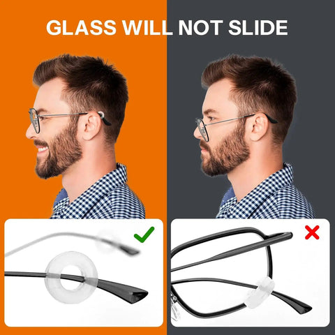 Split image showing side profile of man wearing glasses with anti-slip pads from 8 In 1 Glasses Cleaning Kit With Anti Fog Spray Cleaner Tool And Cloths.