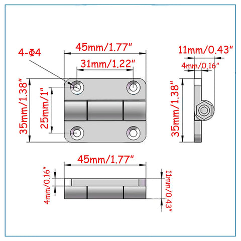 Adjustable Torque Position Control Hinges 4 Pack Black Zinc Alloy Damping Hinges With Countersunk Holes For Furniture Equipment And Instruments 0.3 To 1.2 NM Stop At Any Angle 45 By 35 Mm Screws Included diagram with measurements.