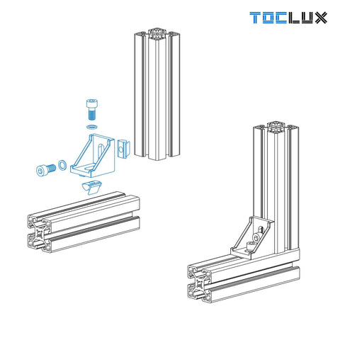 Diagram of Durable Aluminum Extrusion Corner Bracket Kit for 30 Series T Slot Rails with 10 corner brackets, nuts, screws, and wrench