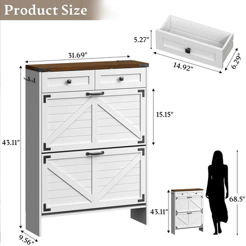 Farmhouse Narrow Shoe Cabinet With Odor Control Deodorizer 2 Flip Drawers 2 Top Drawers Adjustable Shelves And Side Hooks For Entryway Shoe Storage For Busy Entryways dimensions and size guide
