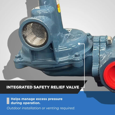 Blue metal gas regulator with mesh intake screen and red inlet, integrated safety relief valve.