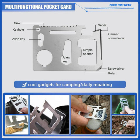Multifunctional pocket card tool from Mini Travel First Aid Kit with 201 pieces for camping and repair