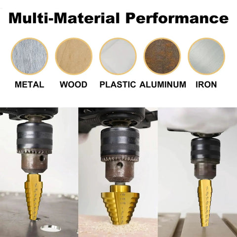 Titanium Coated HSS Step Drill Bit Set, 5-Piece With Dual Straight Flutes, 50 Sizes From 1/16 Inch To 1-3/8 Inch, Unibit For Aluminum, Wood And Plastic, Made For Electricians And DIYers Who Need Durable Metalworking Drill Bits