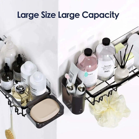 7 Pack Adhesive Shower Caddies With 24 Hooks Rustproof Stainless Steel Bathroom Shelves holding toiletries and soap dish