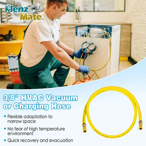 Klenz Mate 3/8 in HVAC vacuum hose, 72 in, yellow with 3/8 in flare fittings for high-flow refrigerant evacuation