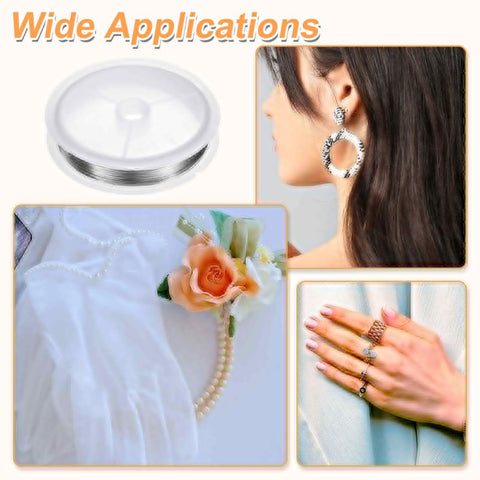 Stainless Steel Craft Wire 0.2mm 328ft 32 Gauge Tarnish Resistant For Jewelry Making Beading And Wrapping Silver in spool with earrings and rings.