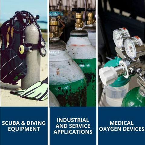 Christo-Lube MCG 111 oxygen-compatible grease collage with scuba gear, gas cylinders, and oxygen regulators.