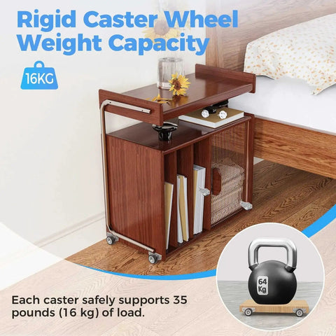 Mini Side Mount Casters 1.25 Inch Low Profile Rigid Non Swivel Rubber Wheels for Sliding Doors shown on wood cabinet