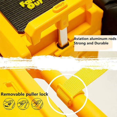 Close-up of yellow handle and pull strap on Monster Truck Design Ride On Kids Travel Suitcase With Wheels For Toddlers Durable ABS Luggage