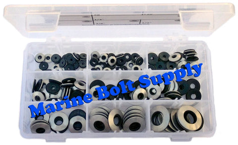 Stainless steel neoprene bonded sealing washer assortment kit in a clear plastic organizer with Marine Bolt Supply watermark