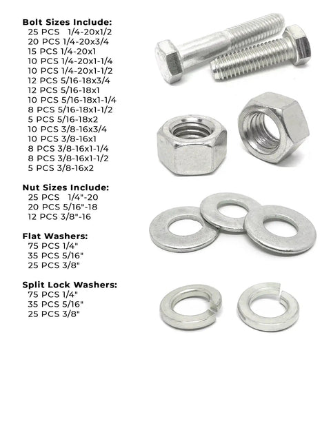 Stainless Steel Hex Cap Screws Bolts Nuts And Washers Assortment Kit 574 Pieces with bolts, nuts, and washers close-up