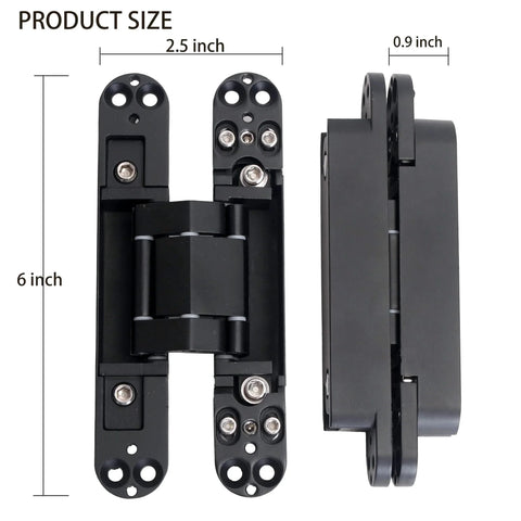 Front and side view of Hidden Door Hinges Heavy Duty Black Zinc Alloy 6 Inch By 2.5 Inch By 1 Inch Concealed Hinges with size dimensions.
