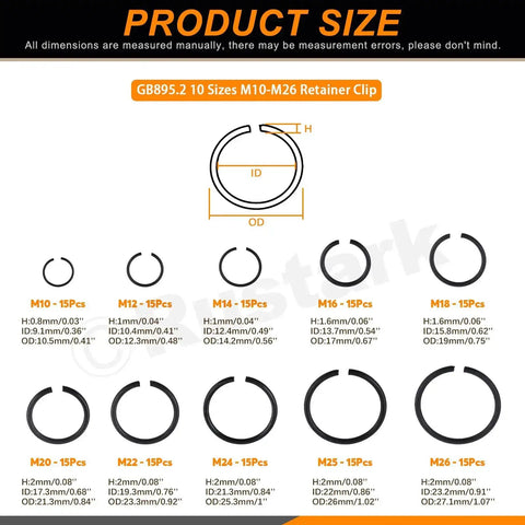 150Pcs 10 Size 65Mn Steel Round Wire Snap Rings Set For Shafts C Clips Internal Retaining Rings M10-M26 size chart