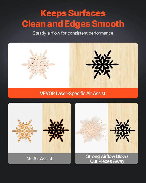 Image showing comparison of wood engraving with and without Pro Grade Air Assist Pump Kit For Laser Cutters And Engravers With Adjustable 30 L Per Minute Airflow.