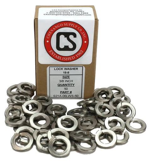 Chenango Supply 3/8 inch stainless steel lock washers, 304 stainless, 50 pieces, CS logo box