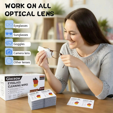 Woman using Pre Moistened Lens Wipes For Eyeglasses AR Coated Lenses Screens Streak Free, next to Giaceaw box on table