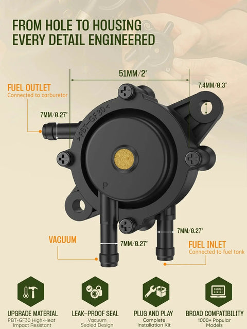Universal Pulse Vacuum Fuel Pump For Small Engines OEM Replacement with specifications, ports visible