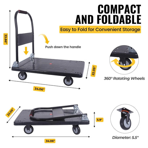 Foldable Heavy Duty Push Cart Dolly With 660 Lb Capacity And Swivel Wheels For Home Garage Or Warehouse Use, shown folded and unfolded