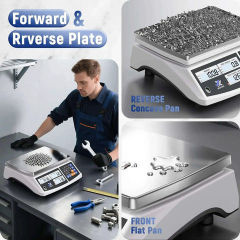 Heavy Duty Industrial Counting Scale 30kg 66lb With 0.1g Precision Bench Scale For Inventory Counting Of Small Parts And Coins, shown on a bench with tools.