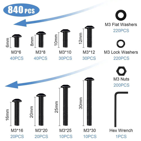 All In One M3 Screw Kit With 840 Pieces Of Socket Head Screws Nuts Washers And Wrench Including 8 Sizes From 6Mm To 30Mm