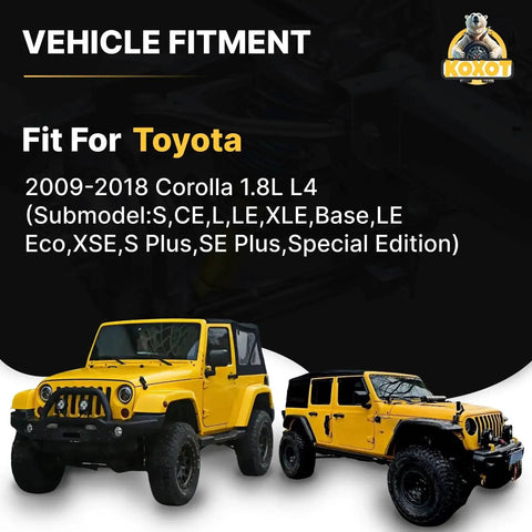 Toyota vehicle fitment chart for 2009-2018 Corolla 1.8L L4 models with yellow Jeep images.