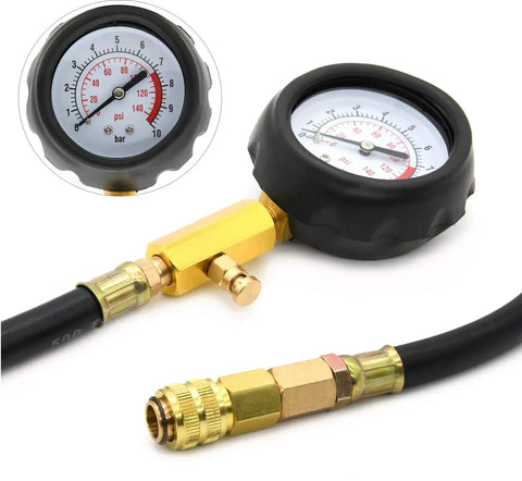 All In One Engine Oil Pressure Tester Kit 0 To 140 PSI Gauge for Cars ATVs and Trucks with hose and adapters close-up view