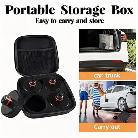 Lifting Jack Pads For Model 3 Y S X Cars Waterproof Pucks With Case 4 Pack, shown in storage box and in use near car trunks.
