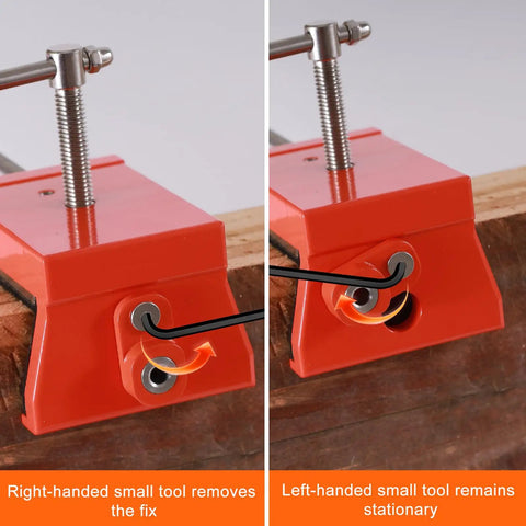 Close-up of Pro Grade Cabinet Clamps With Built-In Drill Aligner, showing right and left-hand tool adjustments on wood surface